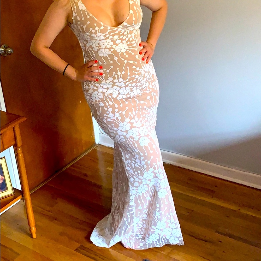 Nude gown with white floral sequin size medium